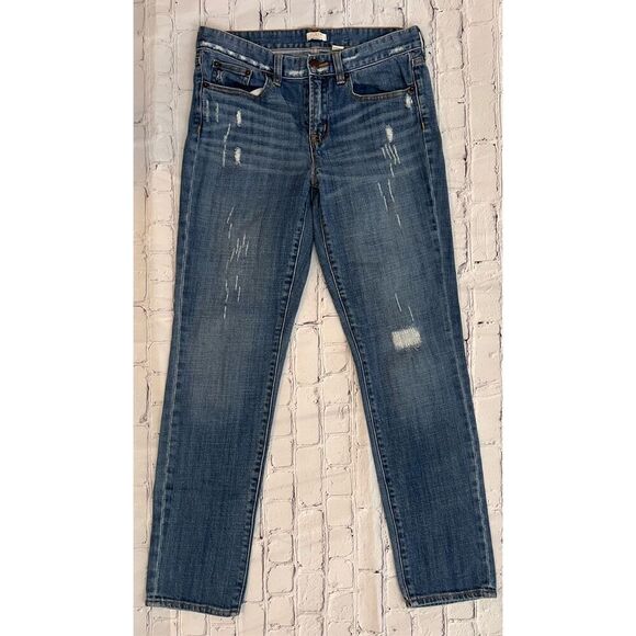 J. Crew Women's 28 Stretch Straight Leg Jeans Distressed Denim Frayed Ripped - Picture 1 of 4